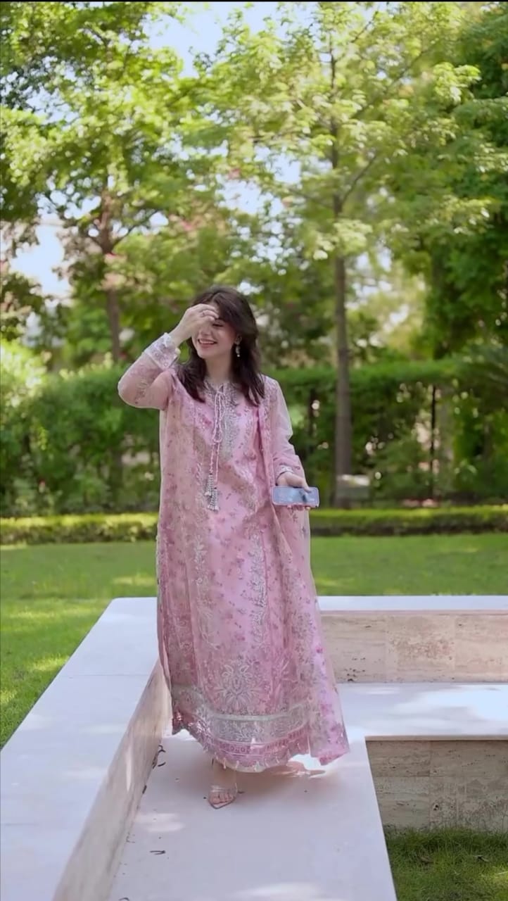 Elegant Pink Organza 3-Piece Dress with Hand Embellishment