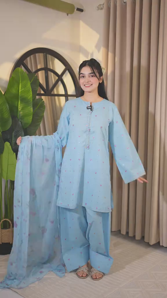Embroidered Sky Blue 3Pc Suit