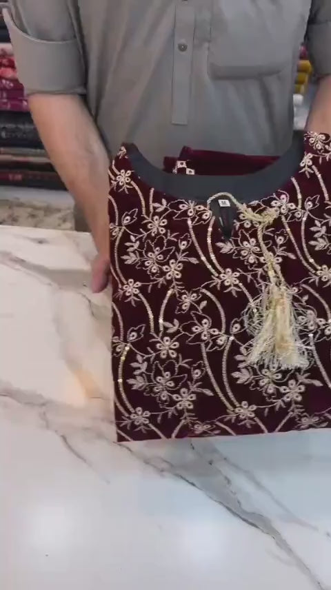 Maroon Velvet Embroidered 3Pc Suit