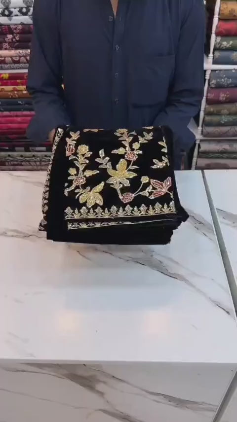 Midnight Black Velvet Festive Ensemble – Embroidered Shirt, Trouser & Dupatta