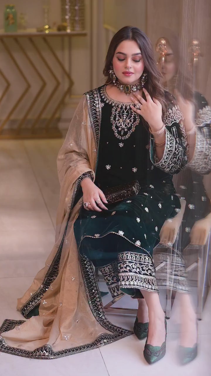 VELVET EMBROIDERED 3PCS DRESS