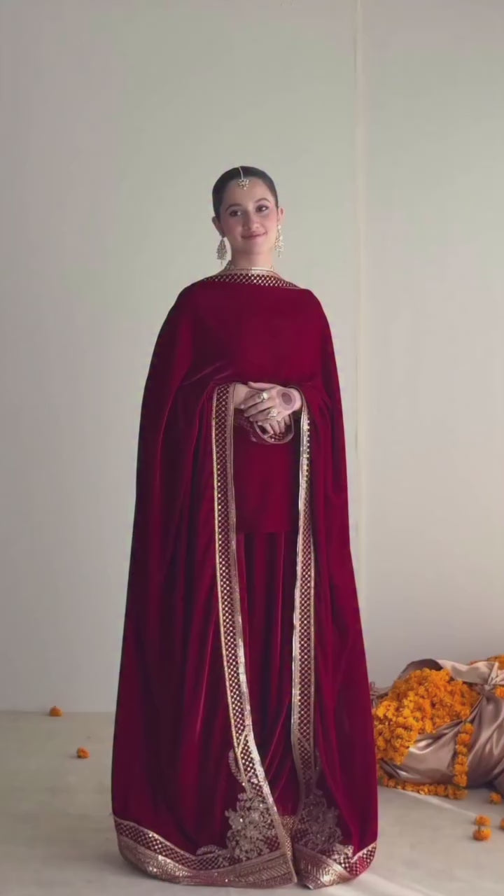 RED OUTFIT Red velvet outfit with gold tilla embroidery and sequin, paired