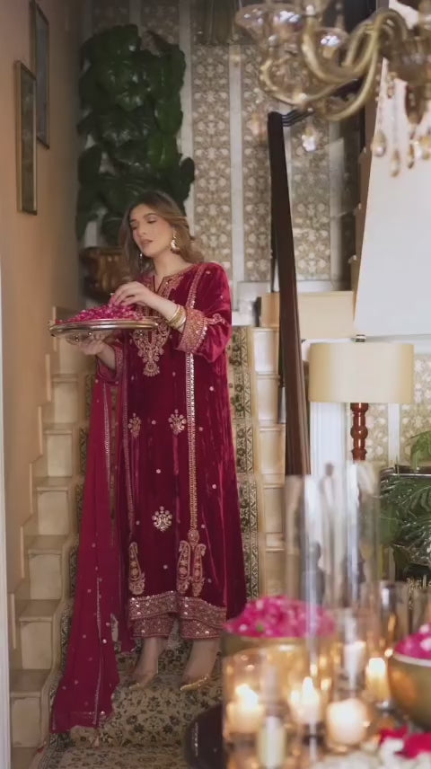 Luxury Velvet Embroidered Frock 3pc Suit
